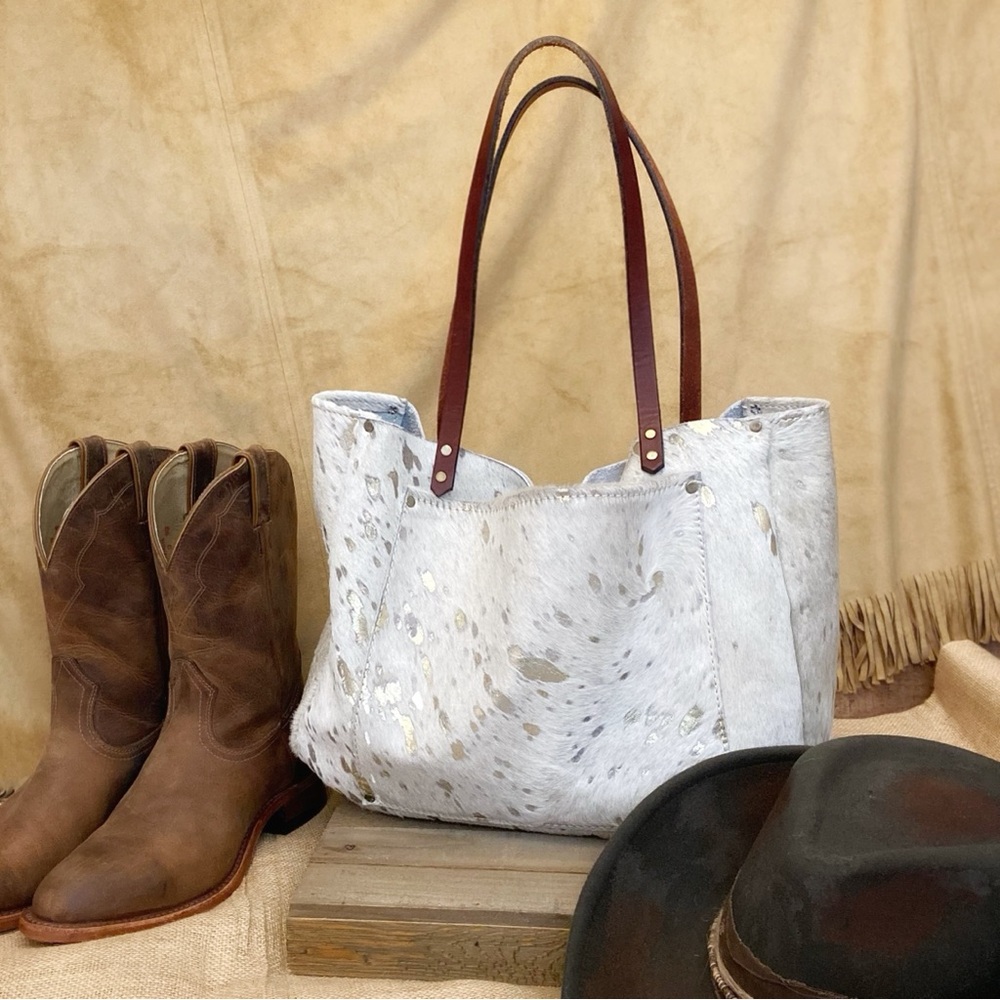 Western Tote Cowhide Ivory Gold Foil Splatter Accents